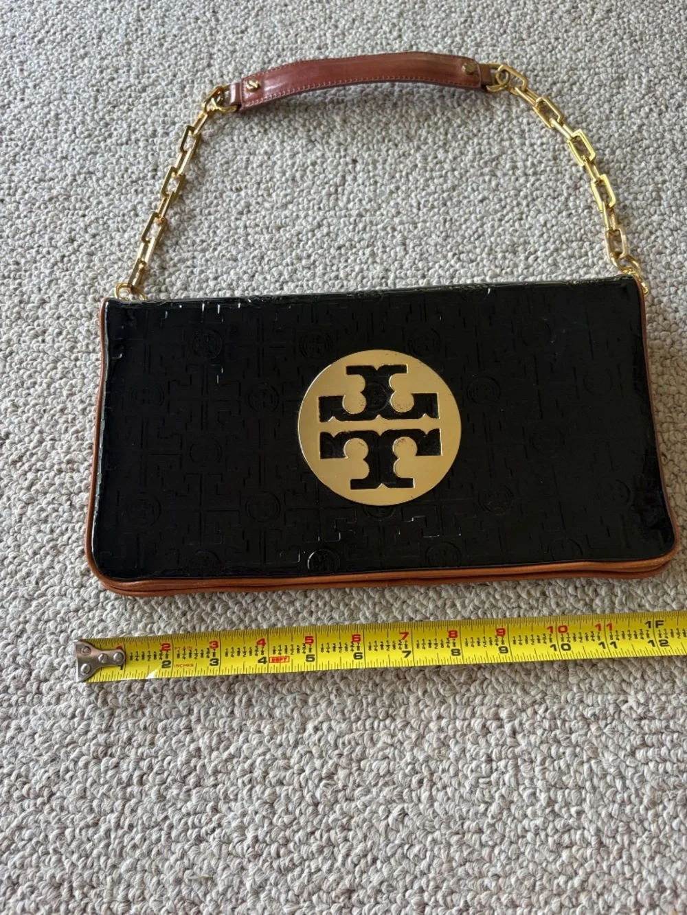 Tory Burch Reva Convertible Clutch Shoulder Bag Black Patent Leather + Dust Bag